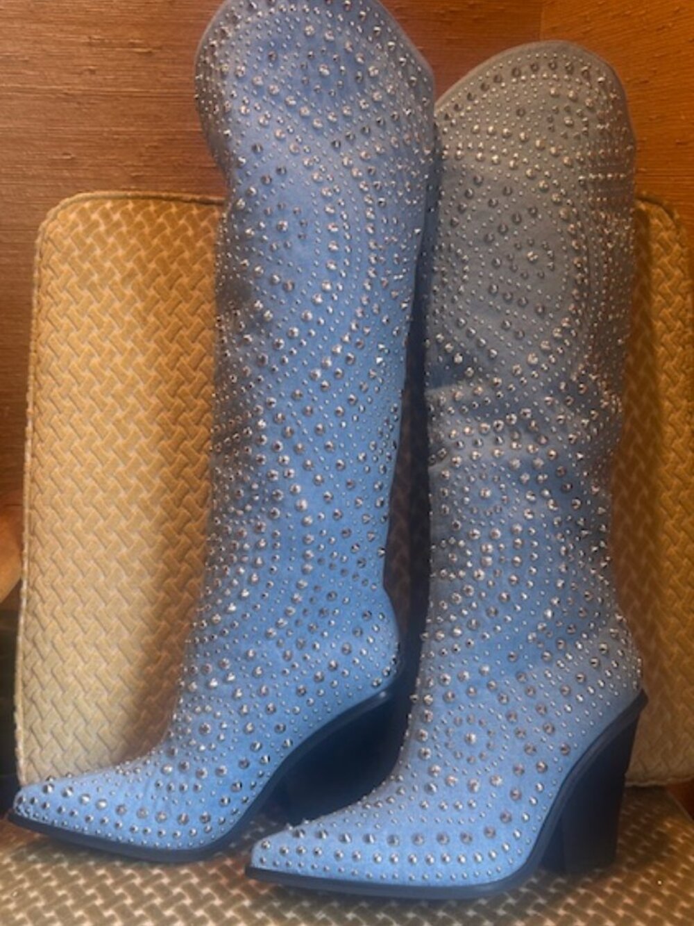 Azalea Wang Texas Studded Denim Pull On Cushioned Wedge Cut Heel Cowboy Boot NEW - Picture 14 of 16